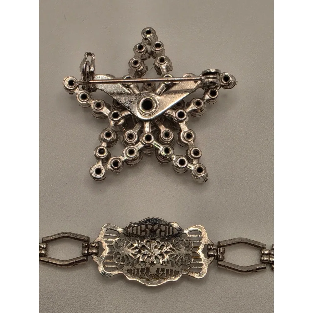 Vintage Order of the Eastern Star OES Rhinestone Star Brooch & Filigree Bracelet